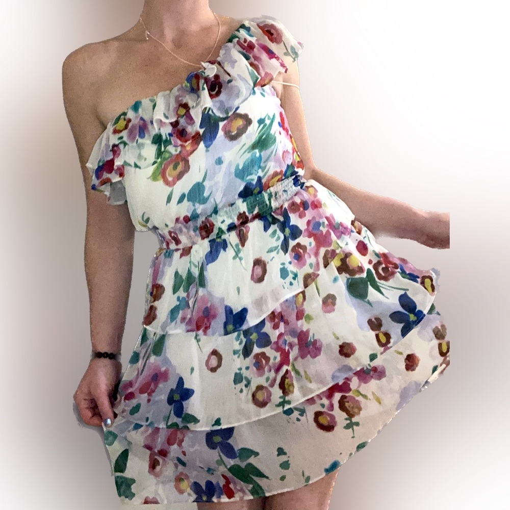Vintage Arden B One Strapped Floral Party Dress with Ruffles. Stretchy waist Med